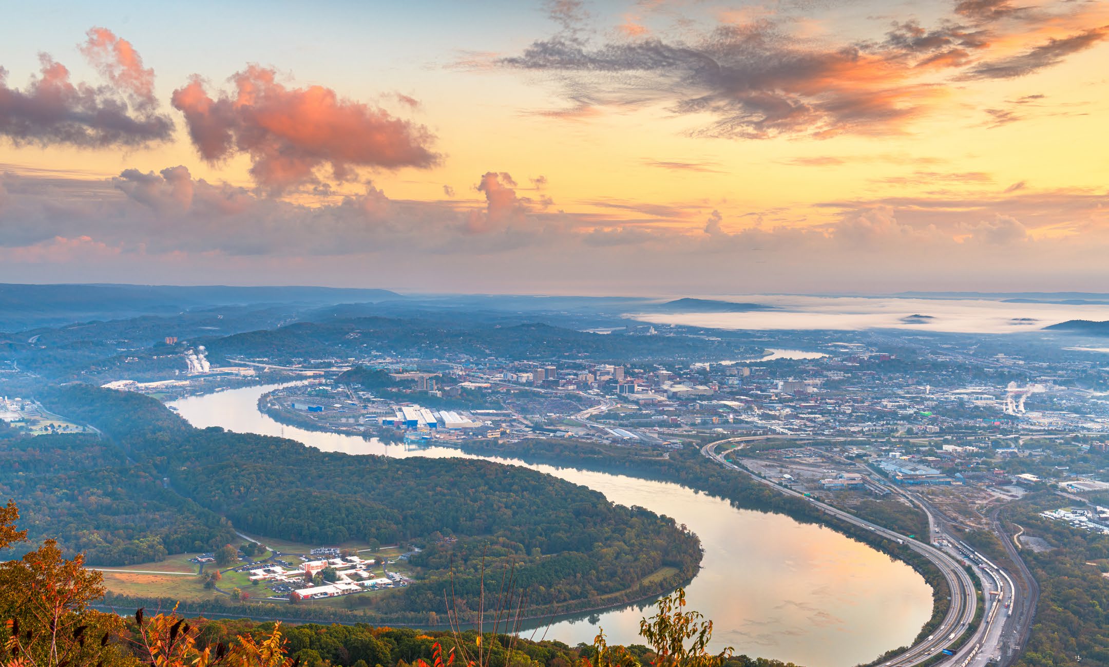 The Tennessee River winding past Chattanooga at sunset