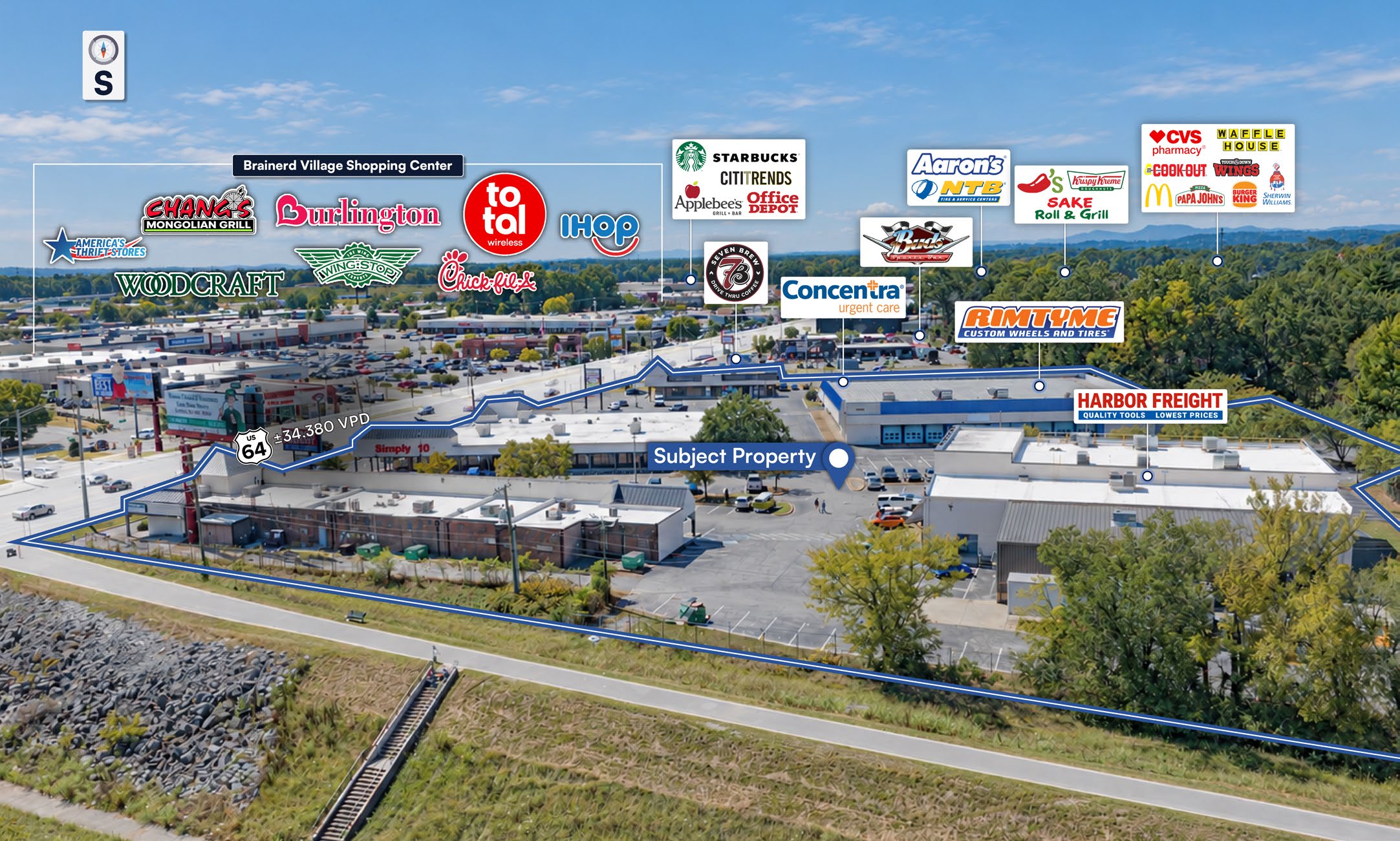 Aerial looking south over Brainerd Park with surrounding retailers labeled, including Brainerd Village Shopping Center, Starbucks, Chick-fil-A and Harbor Freight